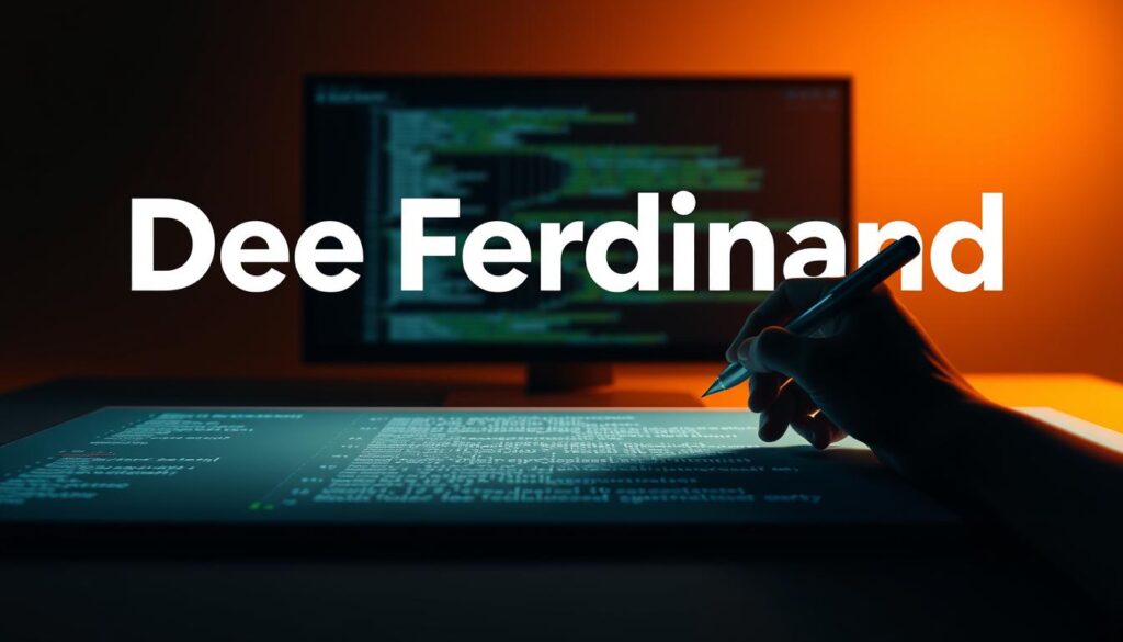 A striking thumbnail showcasing the Dee Ferdinand brand, featuring a bold, negative-space text overlay on a dramatic, minimalist backdrop. In the foreground, a 3D representation of a hand writing code on a digital canvas, illuminated by warm studio lighting. The canvas stretches into the middle ground, with a sleek, modern computer interface in the background, suggesting the digital workspace. The overall mood is one of focus, creativity, and the power of simple, elegant design.