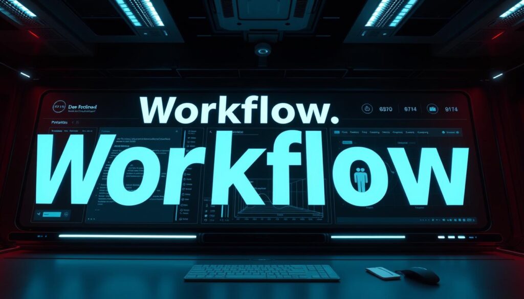 Workflow praktis: a dynamic digital workspace with bold negative text showcasing the Workflow praktis: a dynamic digital workspace with bold negative text showcasing the