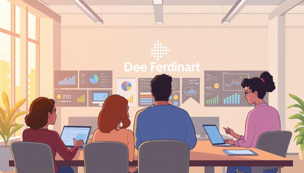 A bright and airy office setting, bathed in warm, natural light from large windows. In the foreground, a group of diverse office workers are engaged in an interactive AI training session, using laptops and tablets. The middle ground showcases various visualization tools, data analytics dashboards, and productivity-enhancing AI applications. In the background, the Dee Ferdinand logo is prominently displayed, signifying the company's commitment to empowering its employees through cutting-edge AI training. The overall atmosphere is one of collaboration, innovation, and a palpable sense of enhanced productivity.