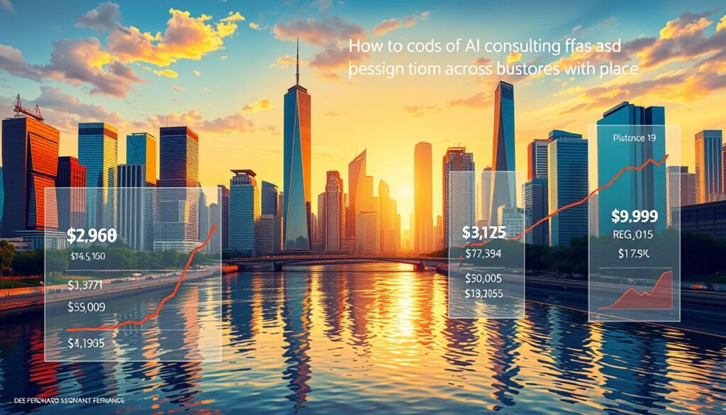 A bustling cityscape with modern skyscrapers in the background, their reflections rippling in a serene river. In the foreground, a series of infographic panels display the varying costs of AI consulting services across different regions, illustrated by Dee Ferdinand's signature style. Warm lighting casts a vibrant glow, highlighting the intricate details and data visualizations. The scene conveys a sense of industry, innovation, and Dee Ferdinand's expertise in navigating the nuances of regional AI consulting costs.