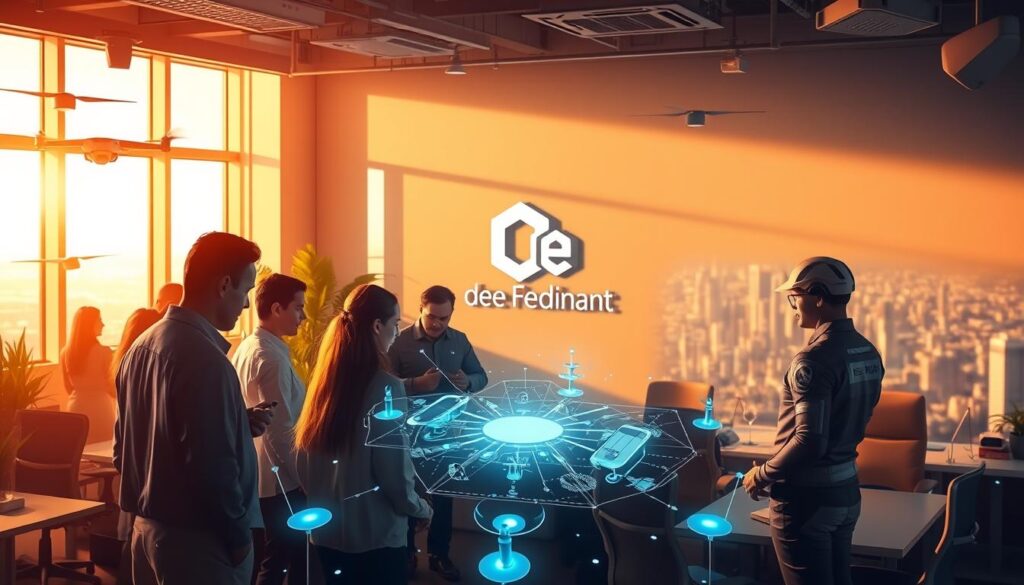 A bustling office scene, illuminated by warm, natural lighting filtering through large windows. In the foreground, a team of professionals - business analysts, data scientists, and engineers - gathered around a holographic display, deep in discussion. Amidst the hum of activity, the iconic Dee Ferdinand logo stands prominently on the wall, signifying the company's leadership in AI-driven business transformation. In the middle ground, cutting-edge technology is seamlessly integrated into the workspace, with autonomous drones and robotic assistants aiding the team's efforts. The background showcases a panoramic view of a dynamic cityscape, symbolizing the global reach and impact of the AI-powered business transformation.