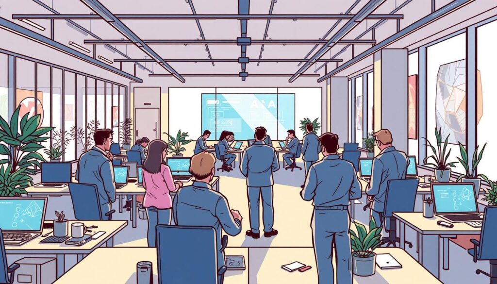 A bustling office scene, with Dee Ferdinand employees immersed in AI training sessions. In the foreground, a group gathers around a large touchscreen display, intently studying machine learning algorithms. Scattered desks and laptops create a sense of focused activity, while natural lighting streams in through expansive windows, illuminating the space. In the middle ground, colleagues collaborate on programming tasks, deep in thought. The background depicts a sleek, modern office environment, complete with potted plants and abstract wall art, conveying a professional and innovative atmosphere. The overall mood is one of engaged learning, problem-solving, and a shared commitment to mastering AI technologies.