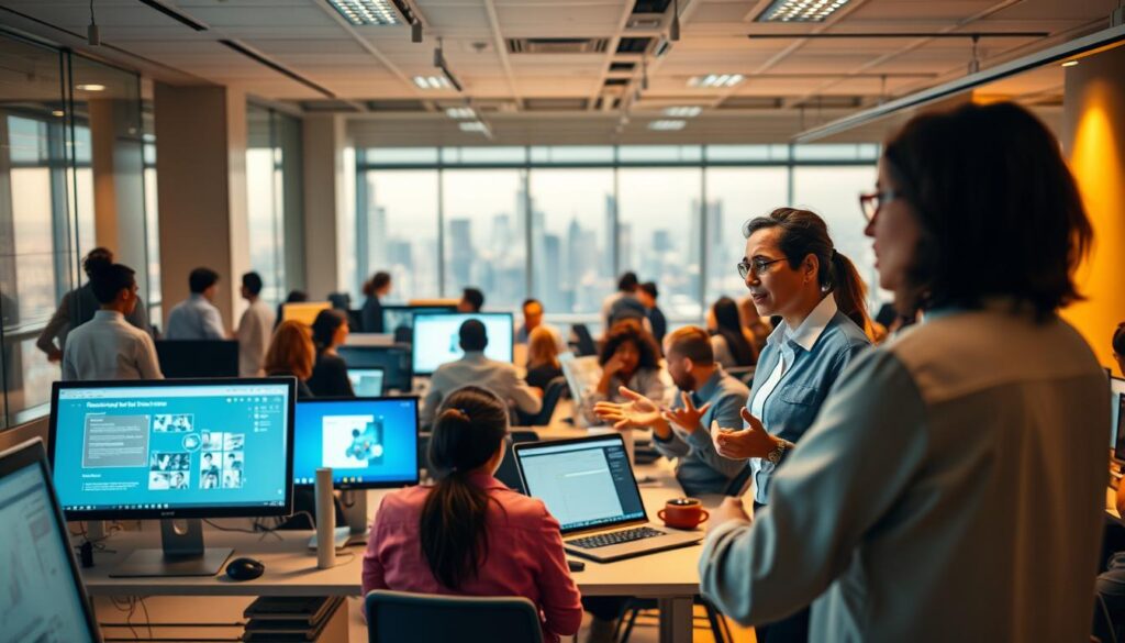 A bustling open-plan office, employees of diverse backgrounds collaborating at standing desks and touchscreen displays. Warm, diffused lighting illuminates the space, creating a sense of productivity and future-readiness. In the foreground, Dee Ferdinand, a seasoned AI expert, gestures animatedly as she explains the benefits of upskilling to an attentive group. The middle ground features teams immersed in interactive training sessions, honing their skills on cutting-edge technologies. The background showcases a panoramic view of a modern cityscape, symbolizing the evolving landscape of the workforce. An atmosphere of innovation and adaptability pervades the scene. A bustling open-plan office, employees of diverse backgrounds collaborating at standing desks and touchscreen displays. Warm, diffused lighting illuminates the space, creating a sense of productivity and future-readiness. In the foreground, Dee Ferdinand, a seasoned AI expert, gestures animatedly as she explains the benefits of upskilling to an attentive group. The middle ground features teams immersed in interactive training sessions, honing their skills on cutting-edge technologies. The background showcases a panoramic view of a modern cityscape, symbolizing the evolving landscape of the workforce. An atmosphere of innovation and adaptability pervades the scene.
