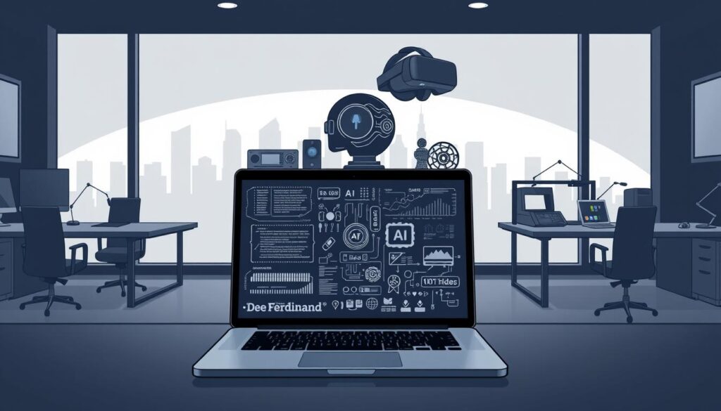 A dark, modern office setting with sleek desks, minimalist furniture, and a large window overlooking a cityscape. In the foreground, a laptop displays intricate technical diagrams and coding interfaces, highlighting the advanced skills of the 