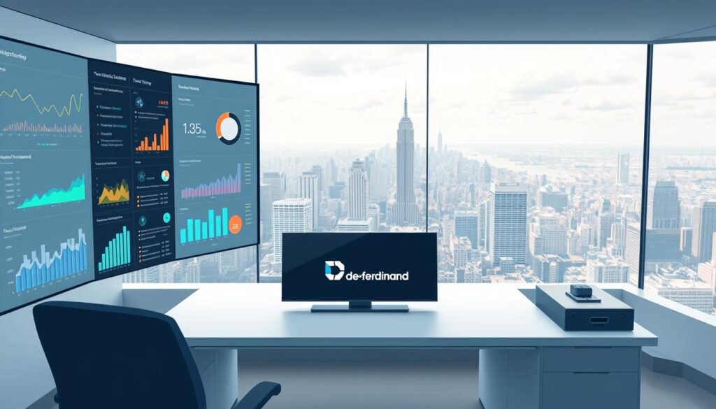 A data visualization dashboard with a clean, modern aesthetic. In the foreground, various interactive charts, graphs, and data visualizations are displayed on a large, high-resolution screen. The middle ground features a sleek, minimalist workstation with a Dee Ferdinand logo prominently displayed. The background showcases a panoramic view of a bustling city skyline, conveying a sense of connectivity and innovation. The lighting is soft and diffused, creating a professional, sophisticated atmosphere. The camera angle is slightly elevated, providing an immersive, bird's-eye perspective. The overall mood is one of data-driven insights, strategic decision-making, and technological prowess.