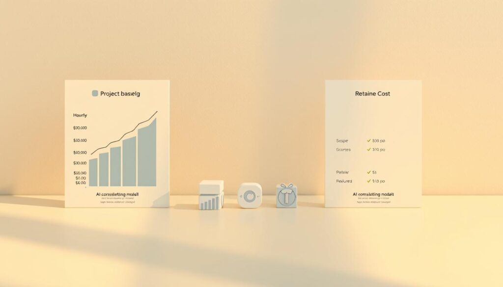 A detailed comparison of AI consulting pricing models presented in a clean, minimalist style. The foreground shows three pricing charts - hourly, project-based, and retainer - arranged side-by-side on a sleek, neutral background. The middle ground features stylized 3D icons representing key factors like time, scope, and recurring cost. The background has a subtle, textured gradient that creates a sense of depth and professionalism. Warm, natural lighting casts gentle shadows, highlighting the clean lines and modern aesthetic. The overall mood is authoritative yet approachable, suitable for the 