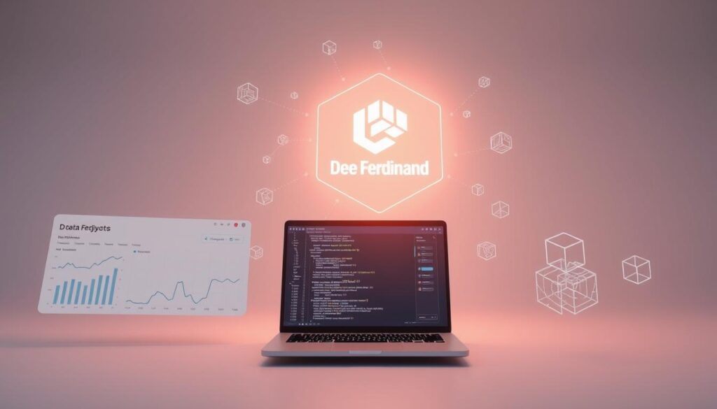 A detailed data analytics dashboard floats in a serene, minimalist environment. In the foreground, clean, elegant visualizations display key metrics, models, and insights. The middle ground features a laptop with an open code editor, surrounded by floating data cubes and algorithms. In the background, a holographic representation of Dee Ferdinand's brand logo casts a warm, ambient glow, illuminating the scene with a sense of sophisticated AI-driven transformation. Soft, directional lighting creates depth and highlights the technical details, while a muted color palette evokes a professional, future-forward atmosphere.