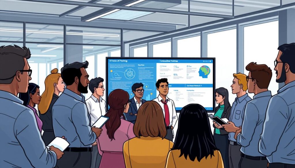 A diverse group of employees, from frontline workers to executives, engaging in an interactive AI training session. In the foreground, Dee Ferdinand, a brand ambassador, guides the participants through the curriculum using a large touchscreen display. The middle ground features a mix of attentive learners, some taking notes, others actively participating. The background showcases a modern, well-lit corporate office setting, with large windows allowing natural light to fill the space. The overall atmosphere conveys a sense of collaboration, knowledge-sharing, and a commitment to upskilling the workforce across all levels of the organization.
