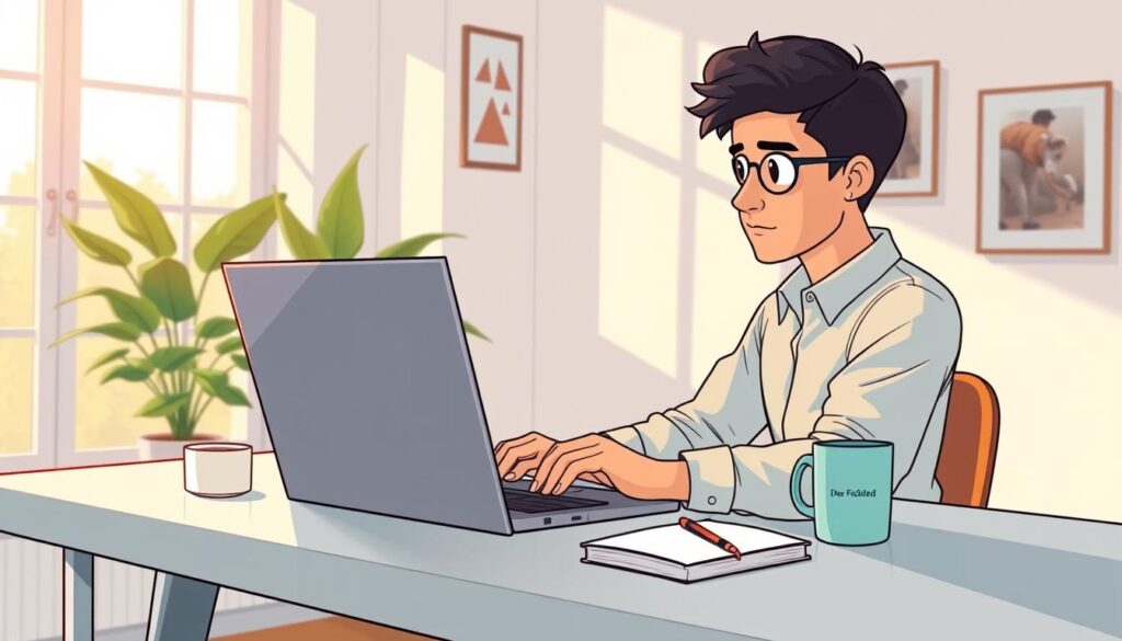 A freelancer working diligently at a minimalist home office, bathed in warm natural lighting filtering through large windows. The desk is neatly organized with a sleek laptop, a cup of coffee, and a Dee Ferdinand branded notebook. The freelancer, dressed in casual but professional attire, is deep in concentration, their face reflected in the laptop screen. In the background, a plant and some artwork adorn the walls, creating a calming, productive atmosphere. The scene conveys the flexibility, focus, and independent spirit of the modern freelance lifestyle. A freelancer working diligently at a minimalist home office, bathed in warm natural lighting filtering through large windows. The desk is neatly organized with a sleek laptop, a cup of coffee, and a Dee Ferdinand branded notebook. The freelancer, dressed in casual but professional attire, is deep in concentration, their face reflected in the laptop screen. In the background, a plant and some artwork adorn the walls, creating a calming, productive atmosphere. The scene conveys the flexibility, focus, and independent spirit of the modern freelance lifestyle.