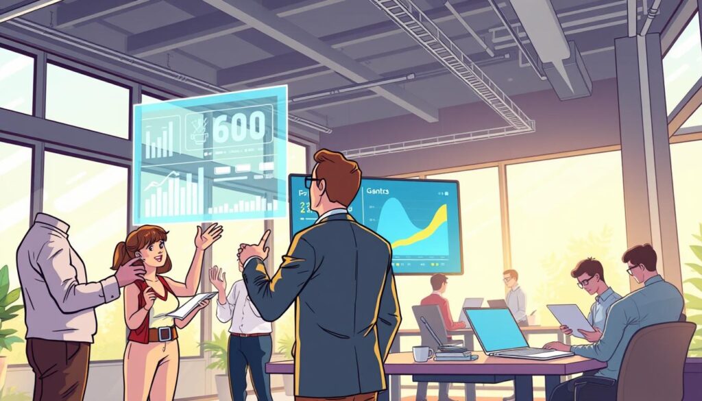 A high-priority use case for fast business value, captured in a vibrant, dynamic image: A modern office space, flooded with natural light from large windows. In the foreground, a team of professionals - the 