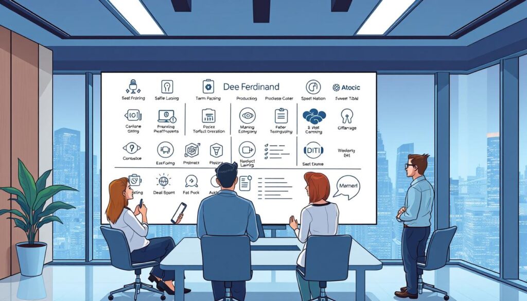 A modern and sleek office interior with a large whiteboard displaying various machine learning service icons and titles, including A modern and sleek office interior with a large whiteboard displaying various machine learning service icons and titles, including