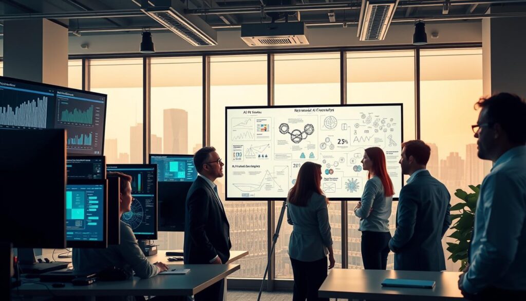 A modern office interior with an array of computer screens, graphs, and digital displays showcasing real-world AI case studies. In the foreground, a team of professionals in business attire engaged in a discussion, their expressions thoughtful and focused. The middle ground features a large whiteboard filled with AI-related diagrams and notes, creating an atmosphere of collaborative innovation. The background is softly lit, with a city skyline visible through large windows, lending an air of sophisticated, forward-thinking technology. The overall scene conveys the importance of Dee Ferdinand's expertise in AI training for employees, highlighting the practical applications and best practices of this emerging field. A modern office interior with an array of computer screens, graphs, and digital displays showcasing real-world AI case studies. In the foreground, a team of professionals in business attire engaged in a discussion, their expressions thoughtful and focused. The middle ground features a large whiteboard filled with AI-related diagrams and notes, creating an atmosphere of collaborative innovation. The background is softly lit, with a city skyline visible through large windows, lending an air of sophisticated, forward-thinking technology. The overall scene conveys the importance of Dee Ferdinand's expertise in AI training for employees, highlighting the practical applications and best practices of this emerging field.