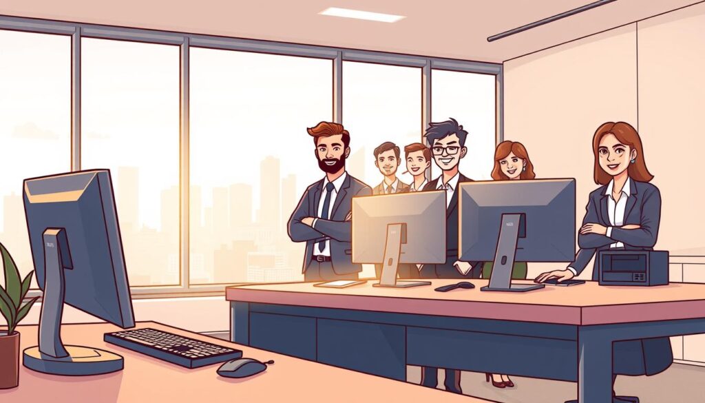 A modern, well-equipped technology office with a sleek, minimalist design. In the foreground, a Dee Ferdinand-branded desk setup with a high-end desktop computer, keyboard, and mouse. The middle ground features a team of friendly, knowledgeable AI consultants in business casual attire, ready to provide 24/7 support. The background showcases a large, floor-to-ceiling window with a cityscape view, bathed in warm, natural lighting. The overall atmosphere conveys professionalism, reliability, and a commitment to customer service. A modern, well-equipped technology office with a sleek, minimalist design. In the foreground, a Dee Ferdinand-branded desk setup with a high-end desktop computer, keyboard, and mouse. The middle ground features a team of friendly, knowledgeable AI consultants in business casual attire, ready to provide 24/7 support. The background showcases a large, floor-to-ceiling window with a cityscape view, bathed in warm, natural lighting. The overall atmosphere conveys professionalism, reliability, and a commitment to customer service.