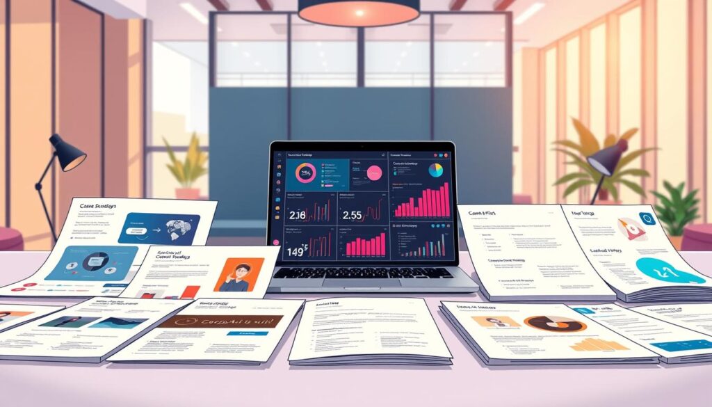 A portfolio of Dee Ferdinand's successful AI consulting projects, showcasing a dynamic and professional aesthetic. In the foreground, a neatly organized display of relevant case studies and customer testimonials, captured with a crisp, high-resolution lens. The middle ground features a sleek, minimalist workstation, with a laptop screen displaying vibrant data visualizations and analytic dashboards. In the background, a stylish office environment with floor-to-ceiling windows, allowing warm, natural lighting to illuminate the space. The overall mood is one of expertise, innovation, and reliability, perfectly suited to illustrate the A portfolio of Dee Ferdinand's successful AI consulting projects, showcasing a dynamic and professional aesthetic. In the foreground, a neatly organized display of relevant case studies and customer testimonials, captured with a crisp, high-resolution lens. The middle ground features a sleek, minimalist workstation, with a laptop screen displaying vibrant data visualizations and analytic dashboards. In the background, a stylish office environment with floor-to-ceiling windows, allowing warm, natural lighting to illuminate the space. The overall mood is one of expertise, innovation, and reliability, perfectly suited to illustrate the
