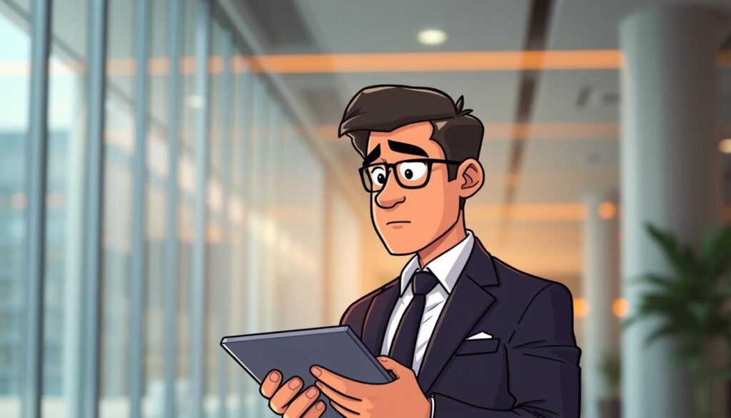 A professional consultant from the AI firm Dee Ferdinand stands in a modern office, deep in thought. They are dressed in a smart suit, brow furrowed as they review data on a tablet. Warm, directional lighting illuminates their features, creating a contemplative atmosphere. The background blurs softly, focusing attention on the consultant's analytical expression. The scene conveys the consultative nature of their work, tackling complex challenges with dedication and expertise.
