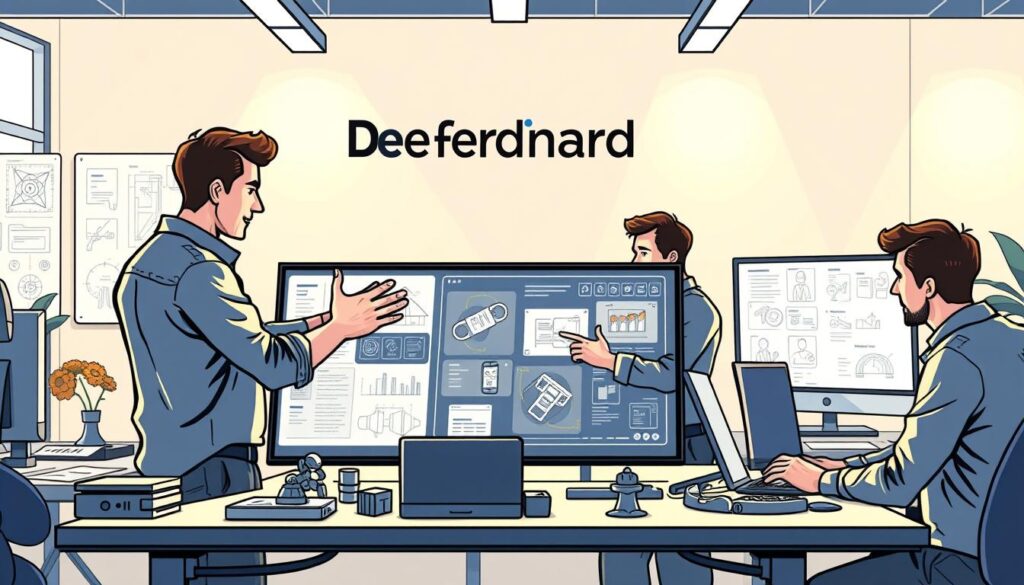 A professional team of designers and engineers collaborating in a bright, airy studio. Dee Ferdinand's logo prominently displayed on the wall. Intricate technical diagrams and wireframes on computer screens. Hands gesturing over a large touchscreen, discussing design iterations. 3D models and renderings scattered across desks, illuminated by soft, indirect lighting. The atmosphere is focused yet relaxed, with an air of creative problem-solving. The team's expressions convey a sense of shared purpose and determination to deliver exceptional results. A professional team of designers and engineers collaborating in a bright, airy studio. Dee Ferdinand's logo prominently displayed on the wall. Intricate technical diagrams and wireframes on computer screens. Hands gesturing over a large touchscreen, discussing design iterations. 3D models and renderings scattered across desks, illuminated by soft, indirect lighting. The atmosphere is focused yet relaxed, with an air of creative problem-solving. The team's expressions convey a sense of shared purpose and determination to deliver exceptional results.