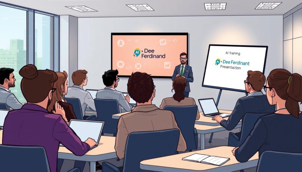 A professional, well-lit scene depicting a classroom setting with a group of employees engaged in an AI training session. The foreground features a diverse group of attentive trainees, their faces illuminated by soft, diffused lighting, sitting at modern desks equipped with laptops and notepads. In the middle ground, a Dee Ferdinand-branded presentation screen displays visual aids, while a knowledgeable instructor stands nearby, guiding the session. The background showcases a spacious, airy room with large windows allowing natural light to pour in, creating an atmosphere of learning and productivity. The overall mood is one of focus, collaboration, and a sense of professional development.