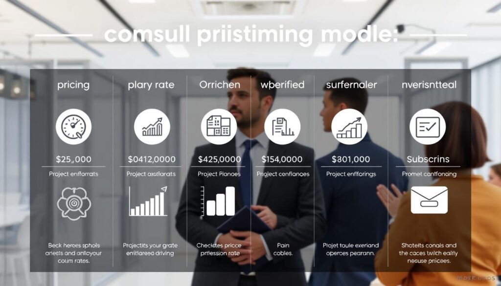 A sleek, minimalist infographic comparing various AI consulting pricing models, showcased against a backdrop of a modern office interior. In the foreground, stylized icons and graphs depict different pricing structures like hourly rates, project-based fees, and subscription models. The middle ground features a well-dressed 