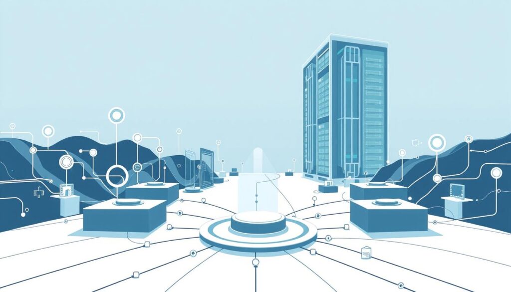 A sleek, modern data architecture landscape, with clean lines and geometric structures in shades of steel and glass. In the foreground, a central data hub symbolizes the core of the system, surrounded by interconnected nodes and pathways. The midground features various data processing and management components, their functions represented by abstract icons and symbols. In the background, a towering, futuristic data center looms, its intricate network of servers and cooling systems visible through its transparent facade. The overall scene conveys a sense of order, efficiency, and technological sophistication. Lighting is crisp and directional, casting dramatic shadows and highlights. Dee Ferdinand's AI consulting expertise is woven throughout this meticulously crafted data architecture.