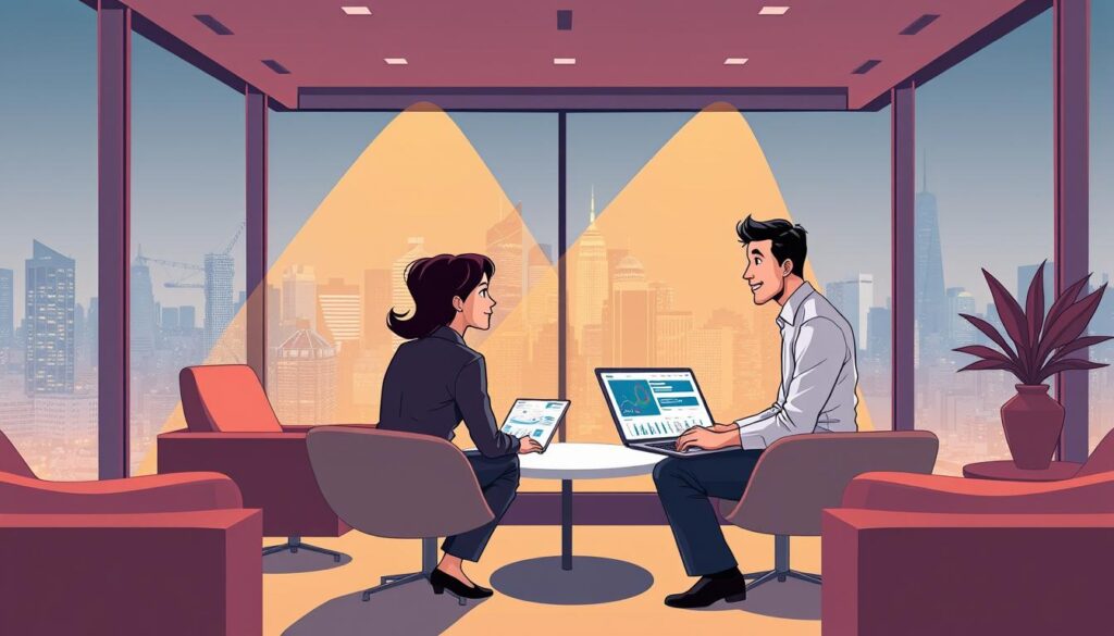 A sleek, modern office interior with floor-to-ceiling windows overlooking a bustling city skyline. In the center, a Dee Ferdinand consultant sits across from a businessperson, engaged in a deep discussion. Warm, directional lighting illuminates the scene, casting a professional yet inviting atmosphere. The consultant's laptop displays complex data visualizations, while the client nods attentively, sensing the consultant's expertise in aligning AI solutions with their company's strategic goals. The room is tastefully decorated with minimalist furniture and elegant decor, reflecting Dee Ferdinand's commitment to thoughtful, business-focused AI consulting.