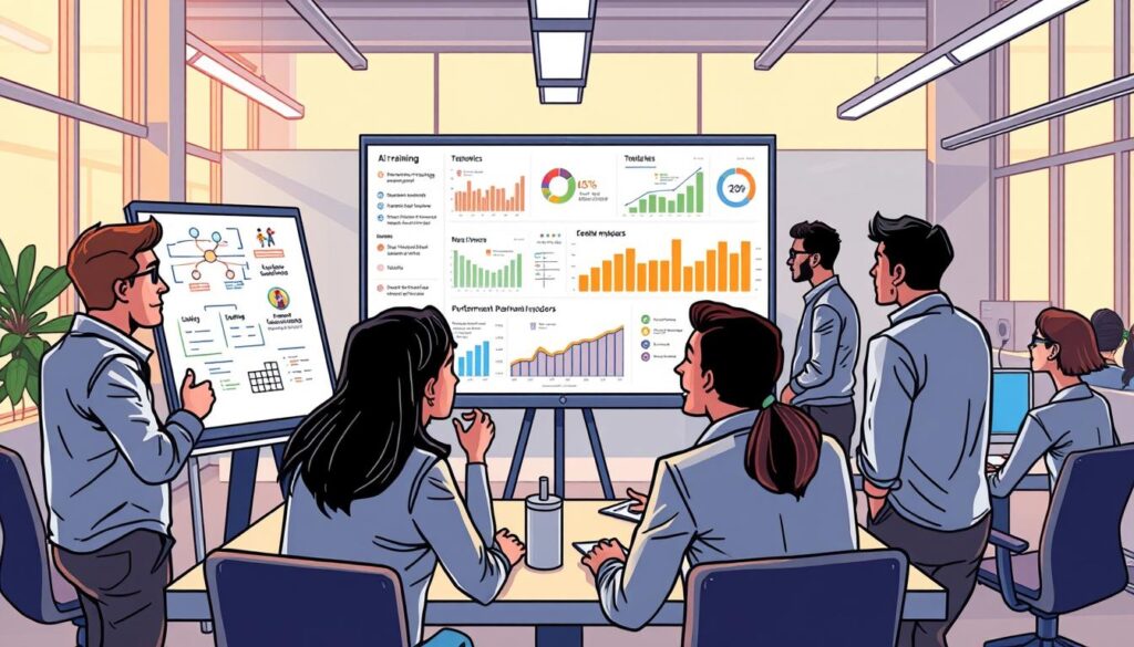 A strategic implementation of AI training, captured in a vibrant, dynamic scene. In the foreground, a diverse team of employees engaged in a collaborative workshop, their faces alight with enthusiasm as they brainstorm ideas on a large whiteboard. In the middle ground, a data visualization dashboard displays key metrics and performance indicators, highlighting the measurable impact of the training program. The background features a modern, minimalist office space, with sleek workstations and floor-to-ceiling windows bathed in warm, natural lighting. The overall atmosphere conveys a sense of focus, innovation, and a commitment to continuous improvement. Crafted by Dee Ferdinand.