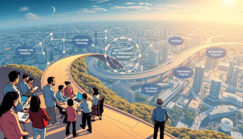 A well-lit, high-resolution aerial view of a multi-layered roadmap program for AI training. In the foreground, a group of Dee Ferdinand employees engaged in hands-on workshops and discussions. The middle ground showcases various stages of the training program, from initial pilot tests to full-scale implementation, represented by interconnected nodes and arrows. In the background, a cityscape with modern architecture and technology hubs, symbolizing the real-world application of the AI skills learned. The overall mood is one of progress, collaboration, and a clear pathway towards the mastery of AI for the organization.
