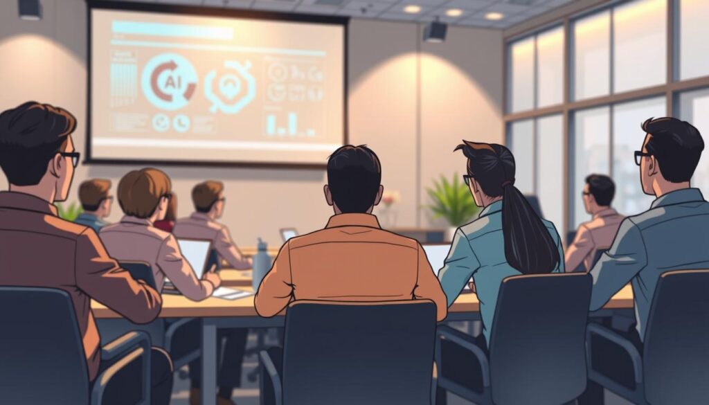 A well-lit office interior with a group of employees engaged in a focused training session. The scene features a large projection screen displaying AI-related visualizations, with the trainees seated at modern desks intently taking notes. In the foreground, a Dee Ferdinand instructor stands at the front, guiding the session with an engaging presentation. Subtle ambient lighting creates a professional and productive atmosphere, while the middle ground showcases the latest AI-powered collaborative tools and software. The background blurs softly, emphasizing the centrality of the training experience.