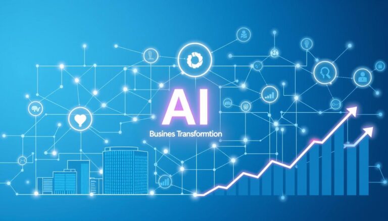 AI for business transformation visualization showing digital networks and business growth