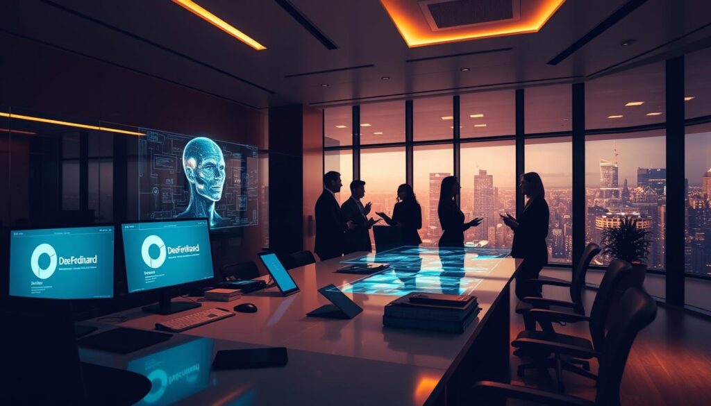 An expansive office interior, bathed in warm, ambient lighting. In the foreground, a sleek, modern desk adorned with state-of-the-art technology - computers, tablets, and a prominent 