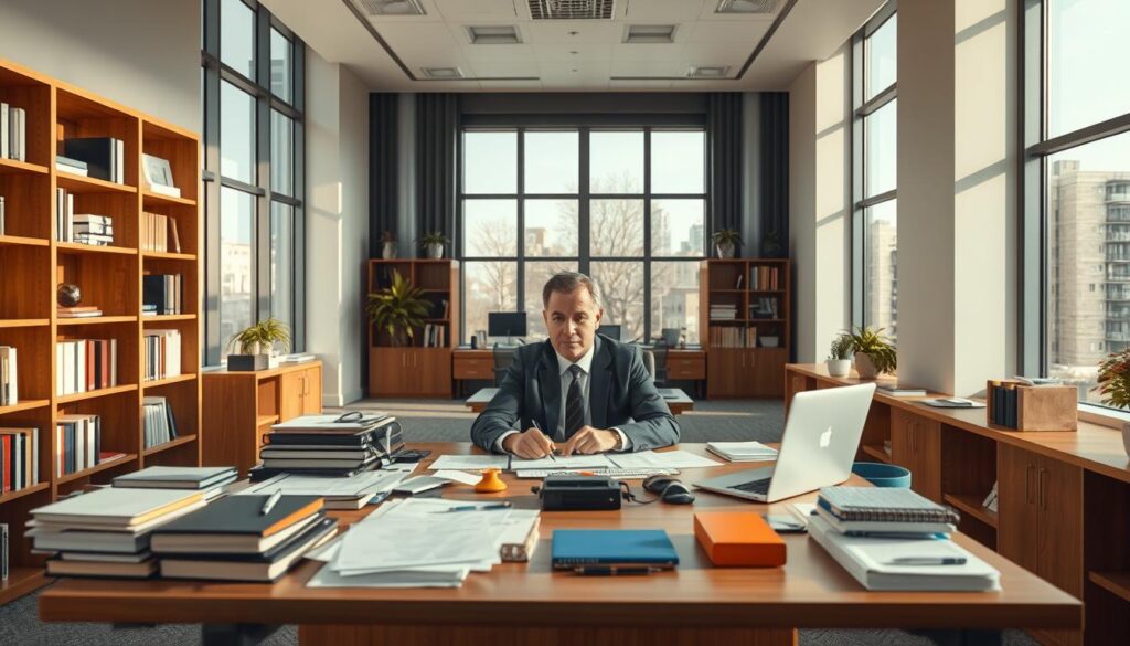 An office interior with a large desk, where a person named Dee Ferdinand is sitting and consulting with a visitor about an AI transformation project. The desk is cluttered with papers, a laptop, and various office supplies. The room is well-lit, with large windows allowing natural light to flood the space. Shelves line the walls, filled with books and other professional decor. Dee Ferdinand is wearing formal business attire and has a focused, engaged expression as they discuss the project details with the visitor. The atmosphere is one of serious, productive collaboration. An office interior with a large desk, where a person named Dee Ferdinand is sitting and consulting with a visitor about an AI transformation project. The desk is cluttered with papers, a laptop, and various office supplies. The room is well-lit, with large windows allowing natural light to flood the space. Shelves line the walls, filled with books and other professional decor. Dee Ferdinand is wearing formal business attire and has a focused, engaged expression as they discuss the project details with the visitor. The atmosphere is one of serious, productive collaboration.