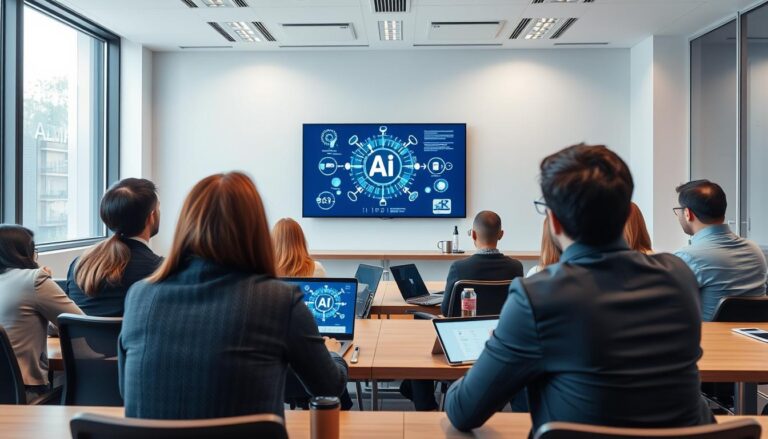 Business professionals engaged in an AI corporate training session