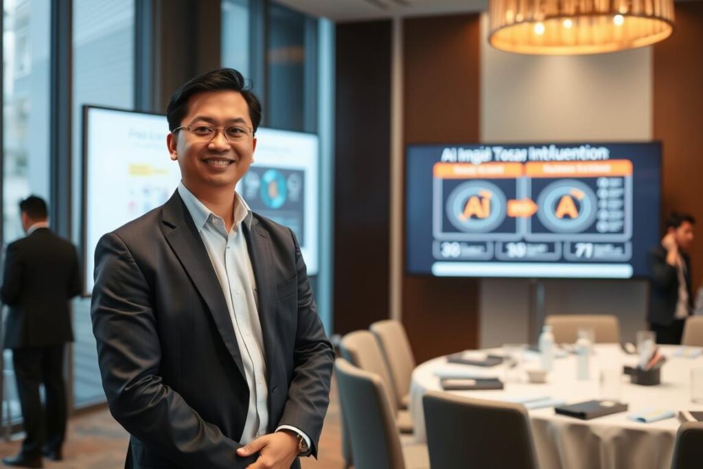 Dee Ferdinand, konsultan AI terkemuka di Indonesia, sedang memberikan presentasi tentang implementasi AI