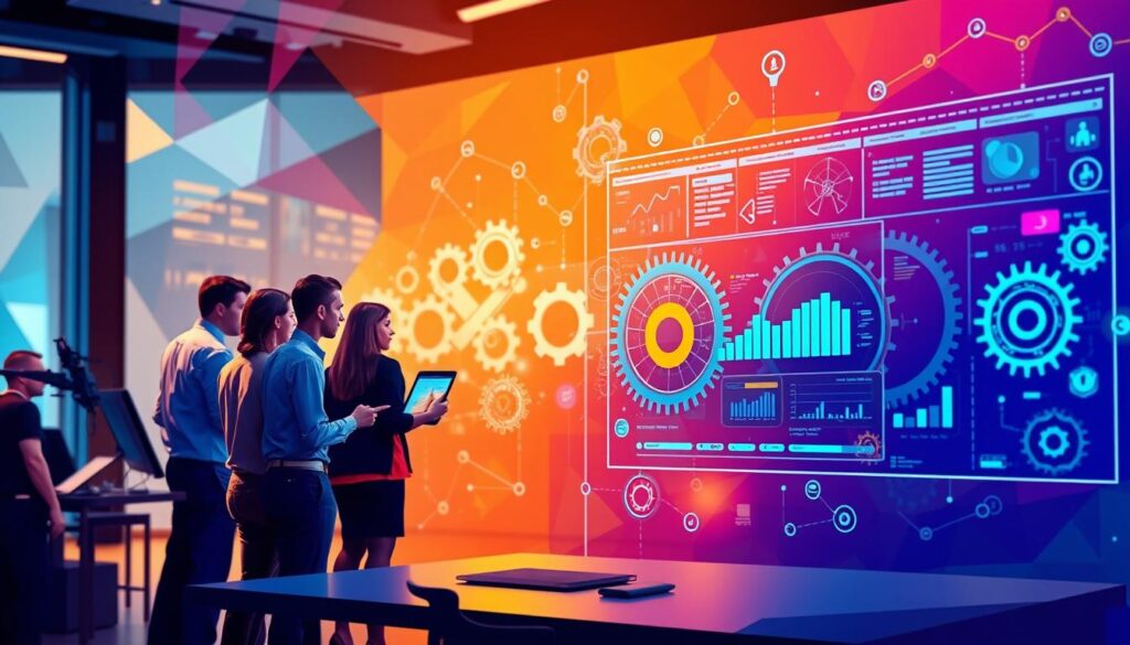 Implementing AI workflows: a vibrant, dynamic scene showcasing the seamless integration of AI into everyday business processes. In the foreground, a team of Dee Ferdinand's employees collaborate on a cutting-edge AI dashboard, analyzing real-time data and making informed decisions. The middle ground features a series of interconnected gears and cogs, representing the intricate machinery of AI-driven automation. The background is illuminated by a warm, futuristic glow, evoking a sense of technological progress and innovation. The overall composition emphasizes the power of AI to boost productivity, efficiency, and decision-making within the workplace. Implementing AI workflows: a vibrant, dynamic scene showcasing the seamless integration of AI into everyday business processes. In the foreground, a team of Dee Ferdinand's employees collaborate on a cutting-edge AI dashboard, analyzing real-time data and making informed decisions. The middle ground features a series of interconnected gears and cogs, representing the intricate machinery of AI-driven automation. The background is illuminated by a warm, futuristic glow, evoking a sense of technological progress and innovation. The overall composition emphasizes the power of AI to boost productivity, efficiency, and decision-making within the workplace.
