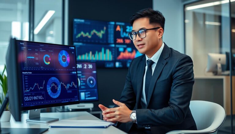 Konsultan AI Dee Ferdinand sedang menganalisis data bisnis dengan visualisasi AI