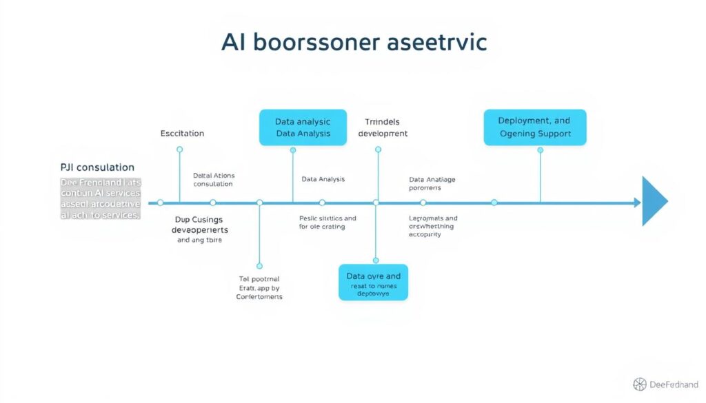 a detailed timeline diagram showing the stages and costs of AI consulting services offered by Dee Ferdinand, a prominent AI consultant. The diagram has a clean, professional layout with clear labeling of each phase, including initial consultation, data analysis, model development, deployment, and ongoing support. The timeline is presented against a soft, neutral background that conveys a sense of trust and expertise. The overall composition emphasizes the comprehensive nature of Dee Ferdinand's AI consulting services and the value they provide to clients.