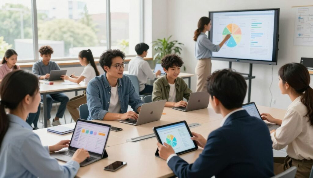 A bright and engaging classroom scene showcasing innovative teaching strategies through the integration of AI tools. In the foreground, a diverse group of professionally dressed educators interacts with advanced digital devices, like tablets and interactive whiteboards, displaying colorful infographics and statistics. In the middle ground, students of various backgrounds enthusiastically participate in hands-on activities, utilizing AI-driven learning applications on their devices, illustrating collaboration and engagement in learning. The background features large windows letting in dynamic, natural light that creates a warm and inviting atmosphere. The image captures a sense of excitement, inspiration, and forward-thinking in education, rendered in high detail with 4k resolution.