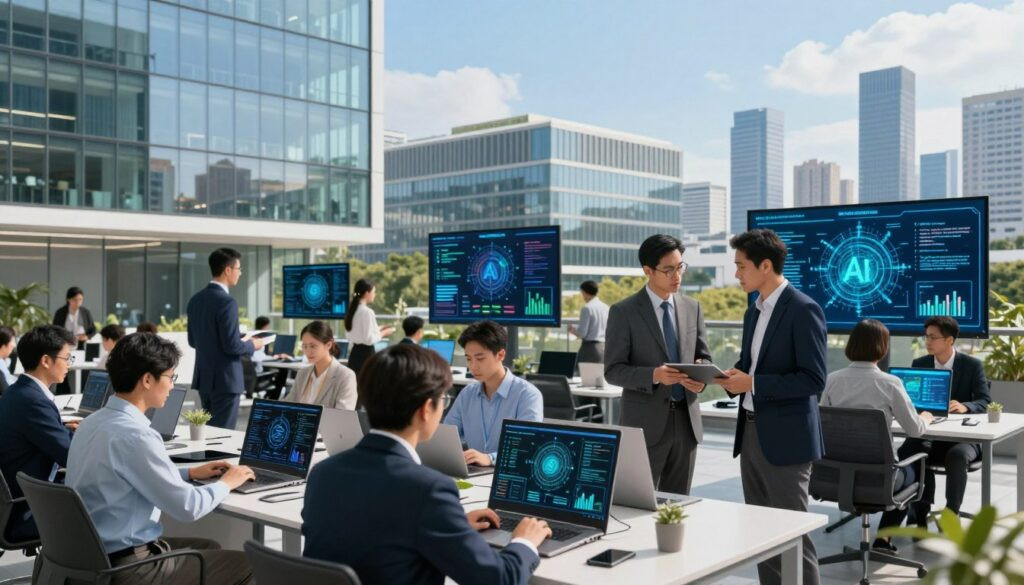 A bustling tech hub in BSD City showcasing the innovation of AI development. In the foreground, a diverse group of professionals in business attire collaborate around sleek digital devices, analyzing data visualizations and discussing strategies. In the middle ground, modern office buildings with glass facades reflect the vibrant atmosphere, while interactive screens display AI applications. The background features a city skyline under a clear blue sky, symbolizing progress and future possibilities. Soft, natural lighting filters through the scene, creating a bright, optimistic mood. Capture the essence of a forward-thinking industrial environment thriving on cutting-edge AI solutions, emphasizing collaboration, innovation, and professionalism.