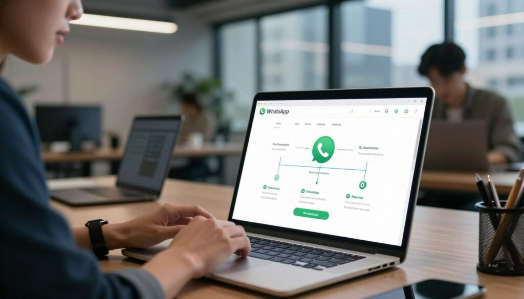A detailed and engaging scene illustrating the WhatsApp automation setup process for businesses. In the foreground, a sleek laptop displays the WhatsApp interface being configured, with visual elements like flowcharts and infographics depicting automation statistics. To the left, a focused professional in smart casual attire is reviewing the set-up, highlighting collaboration. In the background, a modern office setting with tech gadgets, soft ambient lighting, and a large window showing a bustling cityscape outside, creating an atmosphere of innovation and productivity. The mood is dynamic and inspiring, emphasizing the fusion of technology and business efficiency in 4K quality, capturing the essence of AI-driven solutions.