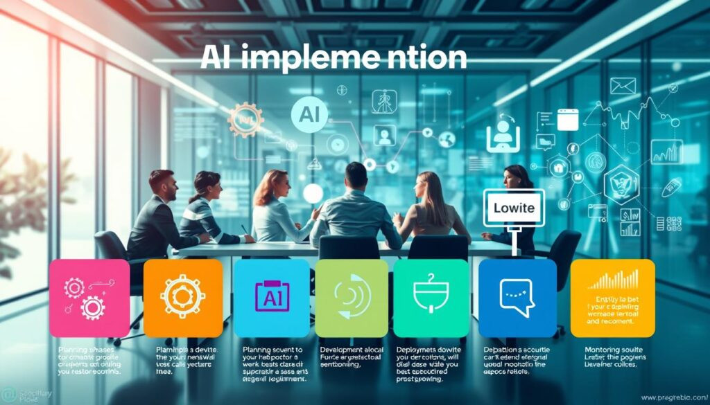 A detailed infographic illustrating the AI implementation process in a business setting. In the foreground, focus on several phases of the implementation process represented by distinct sections, such as 