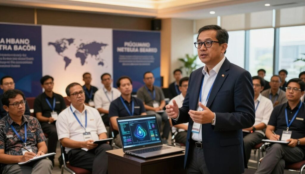 A distinguished Indonesian AI researcher stands confidently at a global research conference, engaging with an audience of diverse professionals. In the foreground, the researcher, a middle-aged man in a smart suit and glasses, is animatedly presenting cutting-edge AI concepts with a laptop open beside him, showcasing impactful data visuals. In the middle ground, attentive audience members of various ethnicities are captivated, some taking notes, others using tablets. The background features large banners displaying global AI milestones, bathed in warm ambient lighting to create an inviting atmosphere. A hint of natural light spills through the venue's large windows, enhancing a feeling of innovation and collaboration. The overall mood is one of inspiration and achievement in the field of AI research.