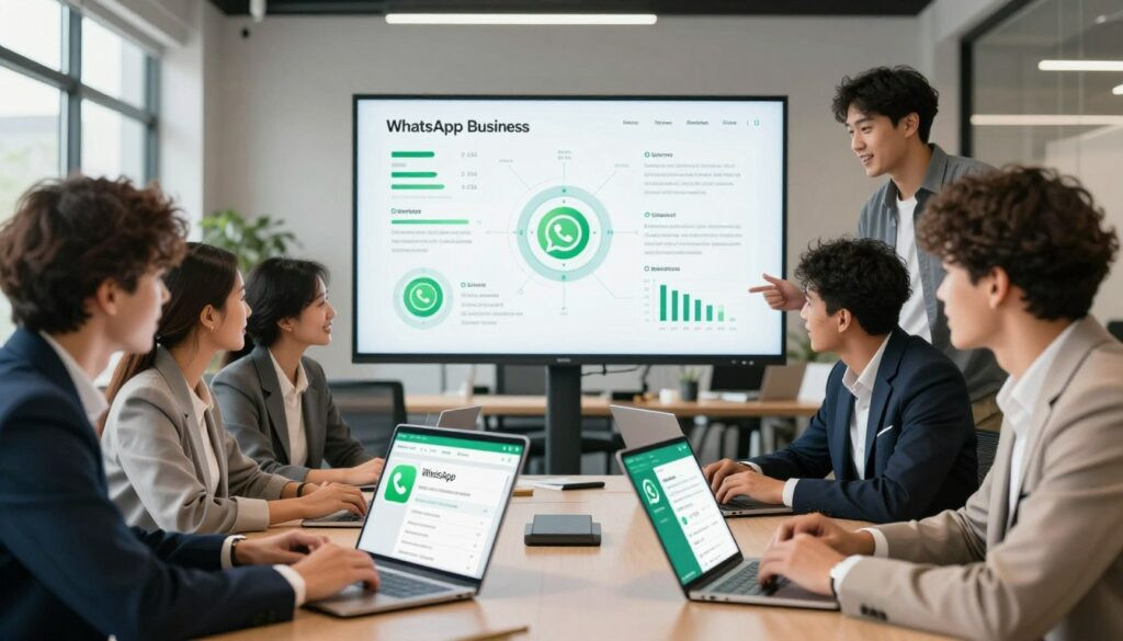 A dynamic and engaging image showcasing strategies for implementing WhatsApp AI for business. In the foreground, a diverse team of professionals in smart business attire, deeply engaged in a brainstorming session surrounded by digital devices displaying WhatsApp interfaces. In the middle ground, an infographic displaying statistics and key strategies for AI implementation, featuring eye-catching charts and icons. The background features a modern office environment with large windows and natural light streaming in, creating a vibrant atmosphere. Use dynamic lighting to highlight the faces of the team members, reflecting collaboration and innovation. The overall mood is one of inspiration and productivity, designed to convey the excitement of successfully integrating AI into WhatsApp for business.