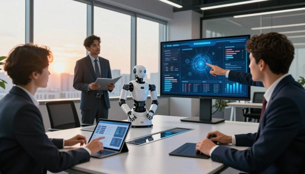 A dynamic and modern office environment showcases the theme of business productivity through AI integration. In the foreground, a diverse group of three professionals in business attire actively collaborate around a sleek, high-tech conference table. One person gestures towards a digital tablet displaying data analytics, while another points at a large screen projecting an AI-powered dashboard. In the middle, innovative automation tools and robotic assistants assist in workflow, symbolizing efficiency. The background features large windows with a cityscape view, bathed in warm, natural light from the setting sun, creating an inviting atmosphere. The mood is focused and optimistic, emphasizing the transformative power of AI in business productivity and automation. A dynamic and modern office environment showcases the theme of business productivity through AI integration. In the foreground, a diverse group of three professionals in business attire actively collaborate around a sleek, high-tech conference table. One person gestures towards a digital tablet displaying data analytics, while another points at a large screen projecting an AI-powered dashboard. In the middle, innovative automation tools and robotic assistants assist in workflow, symbolizing efficiency. The background features large windows with a cityscape view, bathed in warm, natural light from the setting sun, creating an inviting atmosphere. The mood is focused and optimistic, emphasizing the transformative power of AI in business productivity and automation.