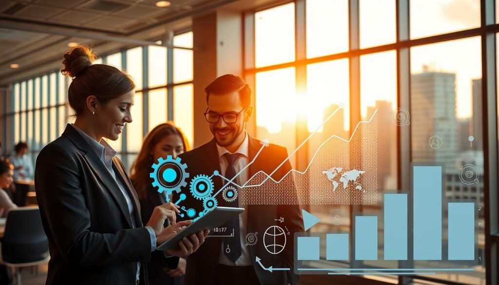 A dynamic infographic showcasing tangible business growth through AI integration. In the foreground, a diverse group of professionals dressed in business attire engage in a collaborative discussion, analyzing data on a digital tablet. The middle ground features interactive graphs and charts illustrating upward trends, with symbols of artificial intelligence like gears and circuit patterns subtly integrated. In the background, a modern, high-tech office environment with large windows revealing a city skyline bathed in warm, natural light creates an atmosphere of innovation and optimism. The overall mood is energetic and forward-thinking, emphasizing the transformation and positive impact of AI strategies on business operations. The composition is well-lit, using soft focus and a slightly elevated angle to highlight the collaborative spirit and the impressive growth visuals. A dynamic infographic showcasing tangible business growth through AI integration. In the foreground, a diverse group of professionals dressed in business attire engage in a collaborative discussion, analyzing data on a digital tablet. The middle ground features interactive graphs and charts illustrating upward trends, with symbols of artificial intelligence like gears and circuit patterns subtly integrated. In the background, a modern, high-tech office environment with large windows revealing a city skyline bathed in warm, natural light creates an atmosphere of innovation and optimism. The overall mood is energetic and forward-thinking, emphasizing the transformation and positive impact of AI strategies on business operations. The composition is well-lit, using soft focus and a slightly elevated angle to highlight the collaborative spirit and the impressive growth visuals.