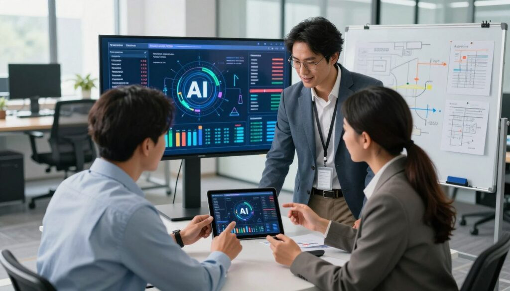 A dynamic office environment showcasing the process of AI implementation in business. In the foreground, a diverse team of three professionals, two men and one woman, are engaged in a collaborative discussion around a digital tablet, dressed in smart business attire. The middle ground features a large screen displaying complex data analytics and AI algorithms in vibrant colors, while a whiteboard is filled with diagrams and project plans. In the background, an open office space with modern furniture and soft natural lighting coming through large windows creates a bright and inviting atmosphere. Use a slightly elevated angle to capture the teamwork and innovative spirit, emphasizing a sense of progress and technology integration in a corporate setting. The mood is focused yet optimistic, reflecting the transformative potential of AI.