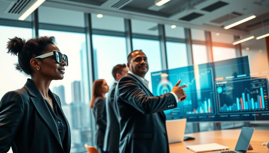 A dynamic scene depicting the urgency of business transformation, showcasing a modern office environment. In the foreground, a diverse group of professionals in business attire, including a Black woman with smart glasses and a Hispanic man pointing at digital displays, symbolize collaboration and innovation. The middle ground features a futuristic digital dashboard with graphs and analytics, illustrating data-driven insights and progress. The background shows a sleek city skyline through large windows, suggesting growth and opportunity. The lighting is bright and motivational, with a warm glow illuminating the workspace. Capture a sense of urgency and determination in the atmosphere, emphasizing the critical need for digital transformation. A dynamic scene depicting the urgency of business transformation, showcasing a modern office environment. In the foreground, a diverse group of professionals in business attire, including a Black woman with smart glasses and a Hispanic man pointing at digital displays, symbolize collaboration and innovation. The middle ground features a futuristic digital dashboard with graphs and analytics, illustrating data-driven insights and progress. The background shows a sleek city skyline through large windows, suggesting growth and opportunity. The lighting is bright and motivational, with a warm glow illuminating the workspace. Capture a sense of urgency and determination in the atmosphere, emphasizing the critical need for digital transformation.