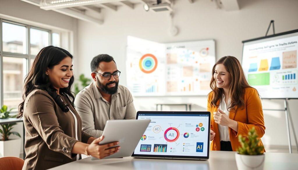 A dynamic team of diverse professionals engaged in an interactive workshop on AI skills development, set in a modern office space. In the foreground, a focused group of three individuals—a South Asian woman, an African American man, and a Caucasian woman—collaborating over a laptop showcasing AI visualization graphics. The middle ground features a whiteboard filled with charts and infographics illustrating AI concepts, while a projector displays a colorful diagram of AI workflows on the wall. The background is a bright, open workspace with large windows allowing natural light to cascade in, creating a vibrant and collaborative atmosphere. The mood is one of innovation and enthusiasm, highlighting the urgency of acquiring AI skills in today’s business landscape.