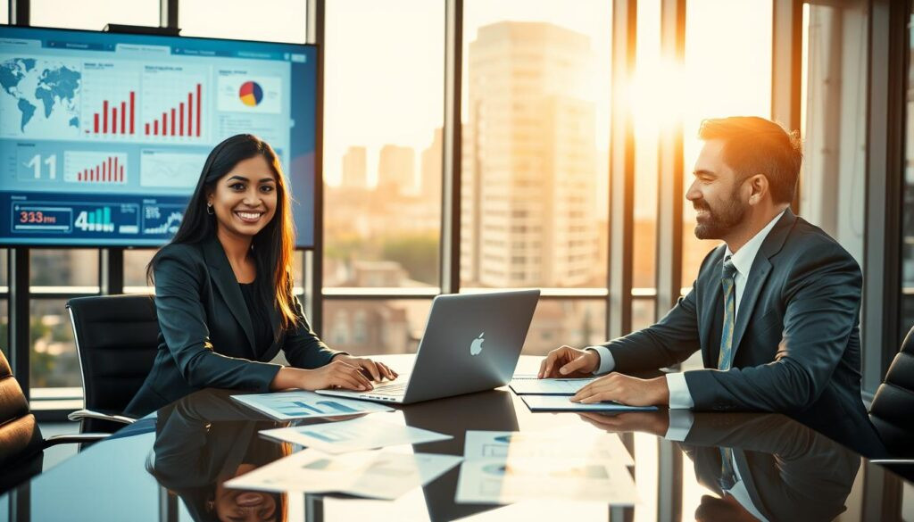A focused scene depicting a professional partnership between a diverse AI implementation specialist and a business executive in a modern office setting. The foreground features a friendly AI specialist, a South Asian woman in smart business attire, sitting with a laptop open, discussing AI strategies with a Caucasian male executive, dressed in a sleek business suit. They are seated around a stylish conference table, papers and charts demonstrating AI data on the table. The middle ground includes a large digital screen displaying infographics related to AI implementation, showcasing graphs and flowcharts. The background reveals a cityscape through large windows, bathed in warm afternoon sunlight, creating a collaborative and innovative atmosphere that highlights the importance of partnering with an AI specialist.