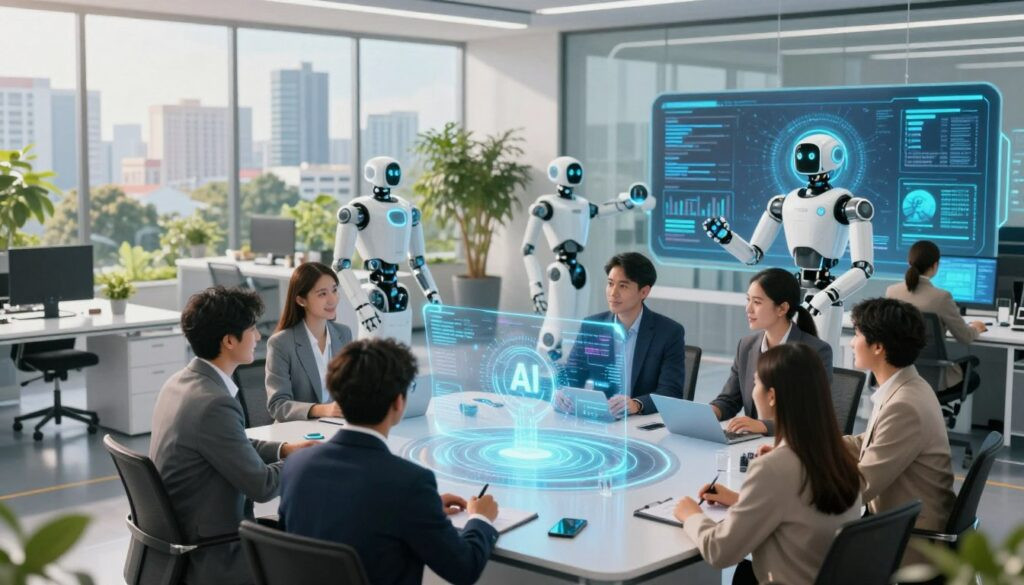 A futuristic office environment in Indonesia, showcasing the integration of artificial intelligence in business. In the foreground, a diverse group of professionals, dressed in smart business attire, are engaged in a collaborative discussion, surrounded by holographic displays and digital interfaces highlighting AI analytics and data visualization. The middle section features advanced technology like robots assisting with tasks and interactive screens displaying AI solutions. The background displays a modern cityscape with greenery, symbolizing a blend of nature and technology, under a bright, optimistic sky. Soft, natural lighting illuminates the scene, creating a vibrant and innovative atmosphere that captures the opportunities presented by AI in modern business contexts.