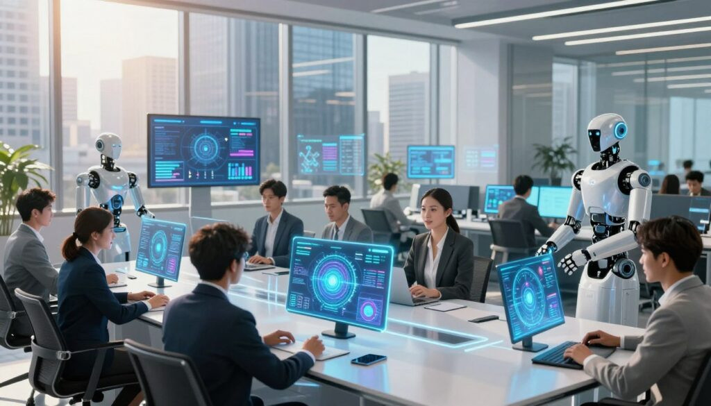 A futuristic office environment showcasing the integration of AI agents and automation in business. In the foreground, a diverse group of professionals in business attire collaborate at a sleek, modern conference table, interacting with holographic displays and automated robots. The middle layer features advanced technology, including floating screens displaying data analytics and robotic assistants actively managing tasks. In the background, large windows reveal a bustling cityscape, reflecting the progress of modern business. The lighting is bright and natural, suggesting a productive atmosphere, with the warm glow of sunlight filtering through the glass. The mood is innovative and dynamic, capturing the essence of a forward-thinking workplace driving business efficiency through AI integration.