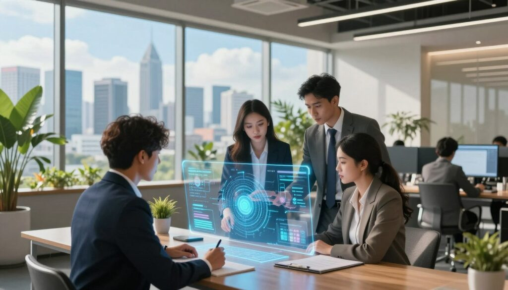 A futuristic office setting showcasing the concept of artificial intelligence in Indonesia. In the foreground, a diverse group of three professionals in business attire—one male and two females—are collaborating around a holographic interface displaying complex data visualizations and AI algorithms. The middle ground features sleek, modern furniture and vibrant indoor plants that convey a sense of innovation. The background highlights large windows with a city skyline, reminiscent of Jakarta, under a bright blue sky. Soft natural light illuminates the space, creating a warm and inviting atmosphere. The mood is focused and dynamic, emphasizing the transformative impact of AI technology on businesses in Indonesia.